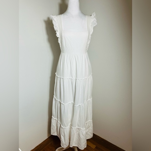 Show me your mumu Maxi Dress Sz M White Ruffle Tiered Linen Blend‎ Beach Coastal - Picture 1 of 8